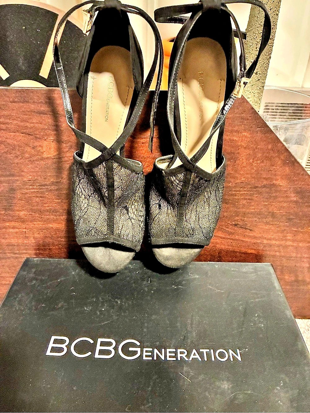 BCBGeneration Black Mesh Ankle Strap Heels